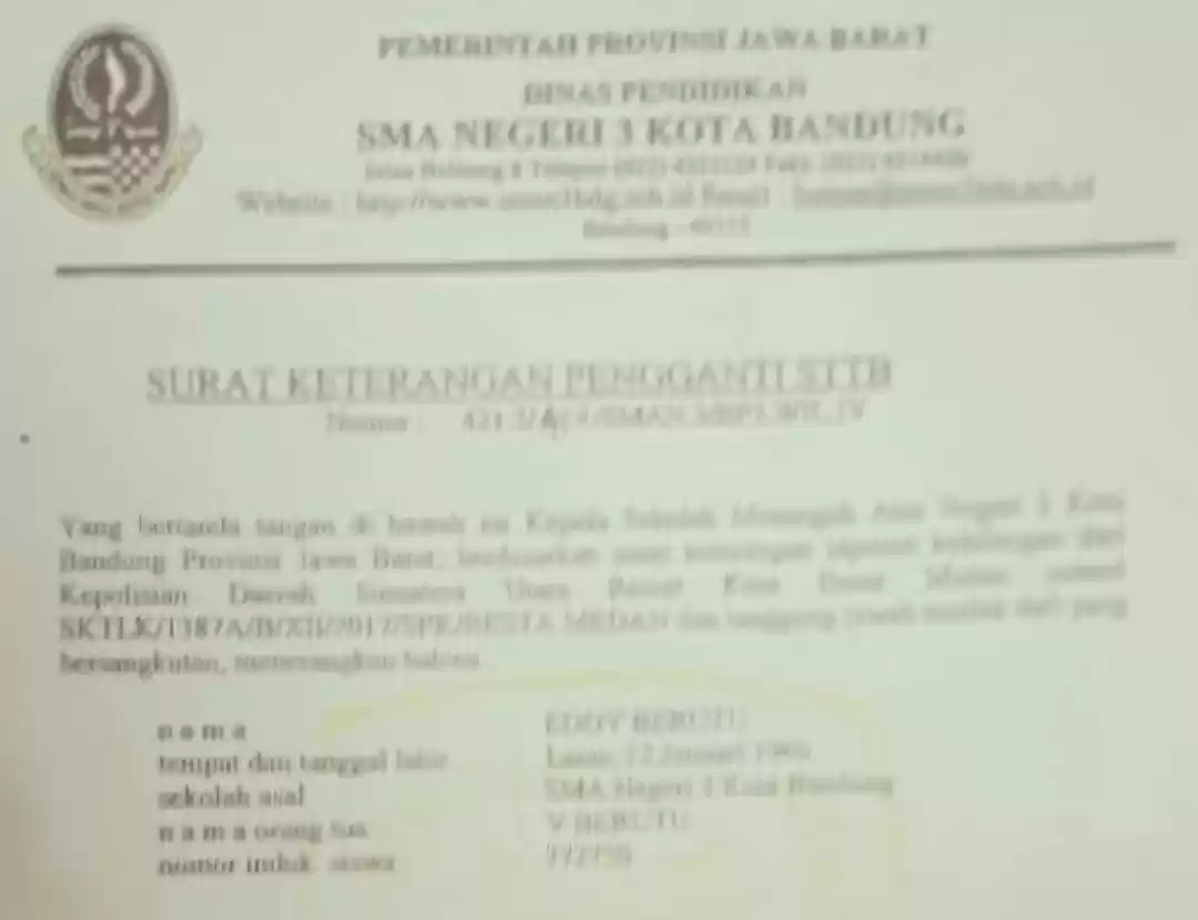 Surat Keterangan Pengganti STTB atas nama Eddy Berutu (Foto: Dok MI)