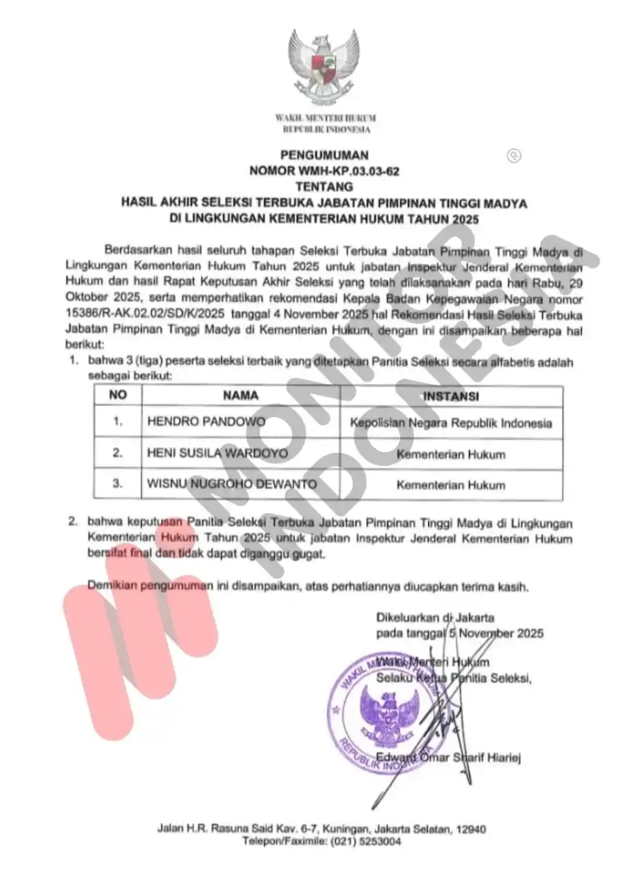Surat Pengumuman Nomor WMH-KP.03.03-62 Tentang Hasil Akhir Seleksi Terbuka Jabatan Pimpinan Tinggi Madya di Lingkungan Kementerian Hukum Tahun 2025 (Foto: Dok MI)