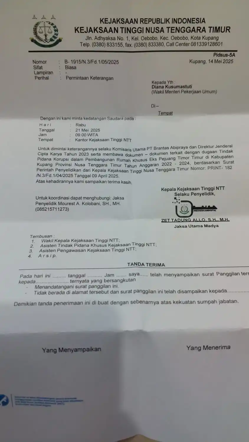 Surat pemanggilan Kajati NTT untuk Wamen PU, Diana Kusumastuti