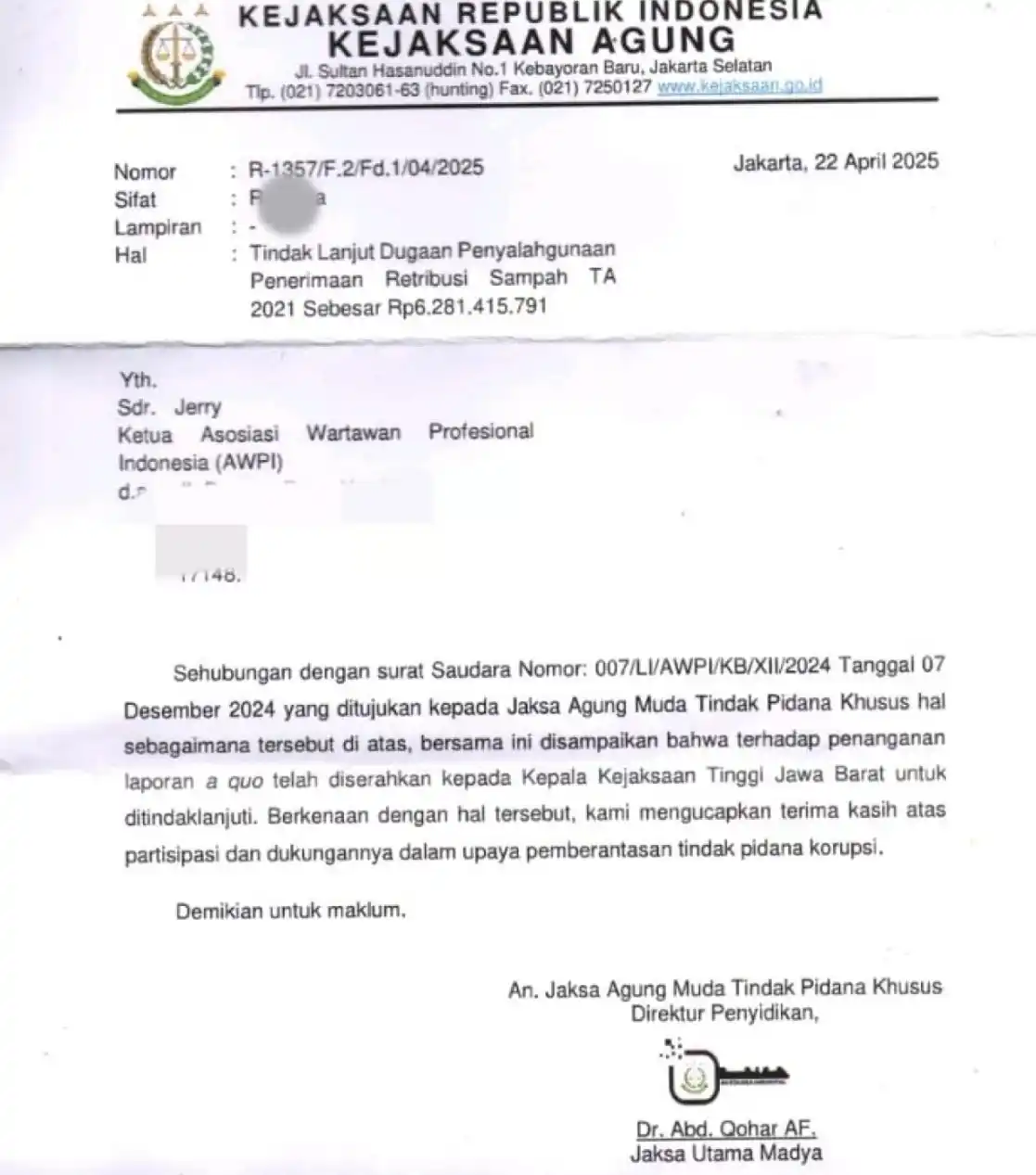 Kejati Jabar Usut Dugaan Korupsi Retribusi Sampah di DLH Kota Bekasi Rp 6,28 M