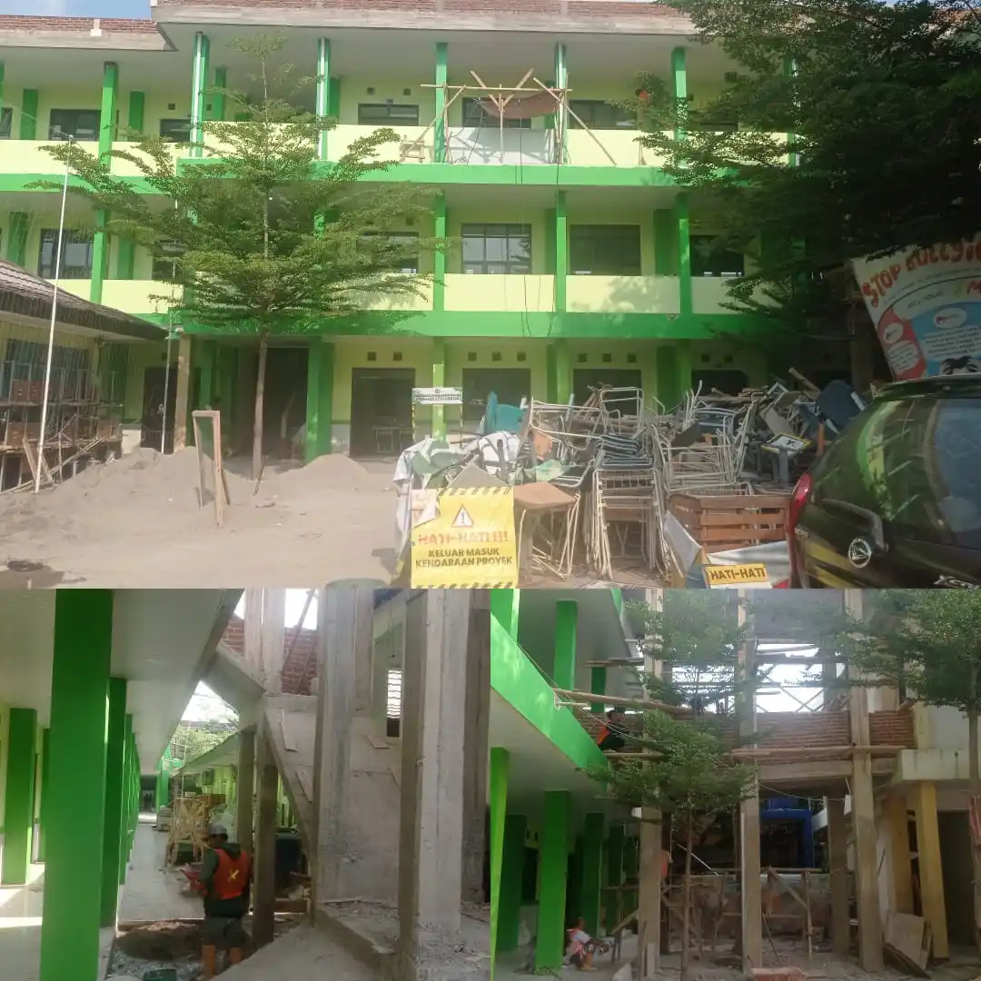 Kondisi perbaikan Gedung SMPN 56, Jl. Pasanggrahan IX RT.04/10, Cipadung Kulon Kota Bandung, Jawa Barat. (Foto: MI/Sugiyanto)