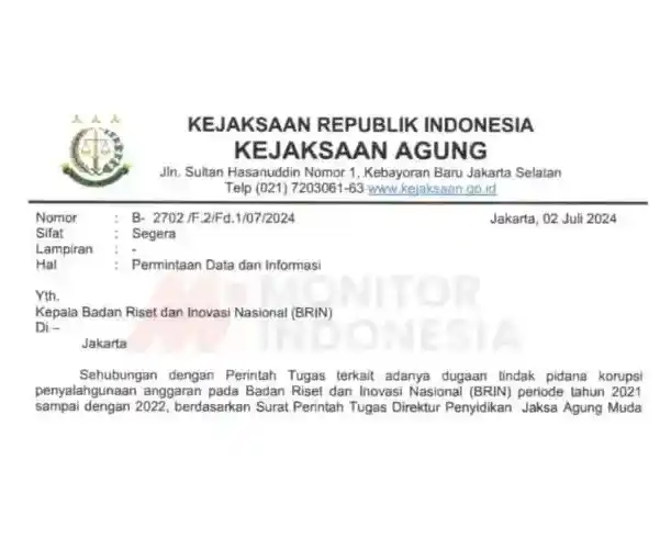 Pengusutan Dugaan Korupsi BRIN: Kejagung 'Tiarap", Laksana Tri Handoko Blokir WhatsAap Jurnalis Surat Perintah Tugas Direktur Penyidikan Jaksa Agung Muda Bidang Tindak Pidana Khusus Nomor: Prin-884/F.2/Fd.1/04/2024 tanggal 25 April 2024. (Foto: Dok MI)