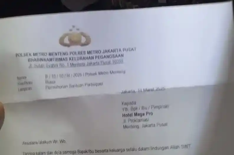 Sebuah surat dengan kop Polsek Metro Menteng yang berisi permintaan THR (Foto: Dok MI)