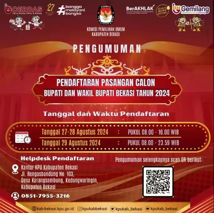 Pengumuman Pendaftaran Pasangan Bakal Calon Bupati dan Wakil Bupati Pilkada Kabupaten Bekasi 2024