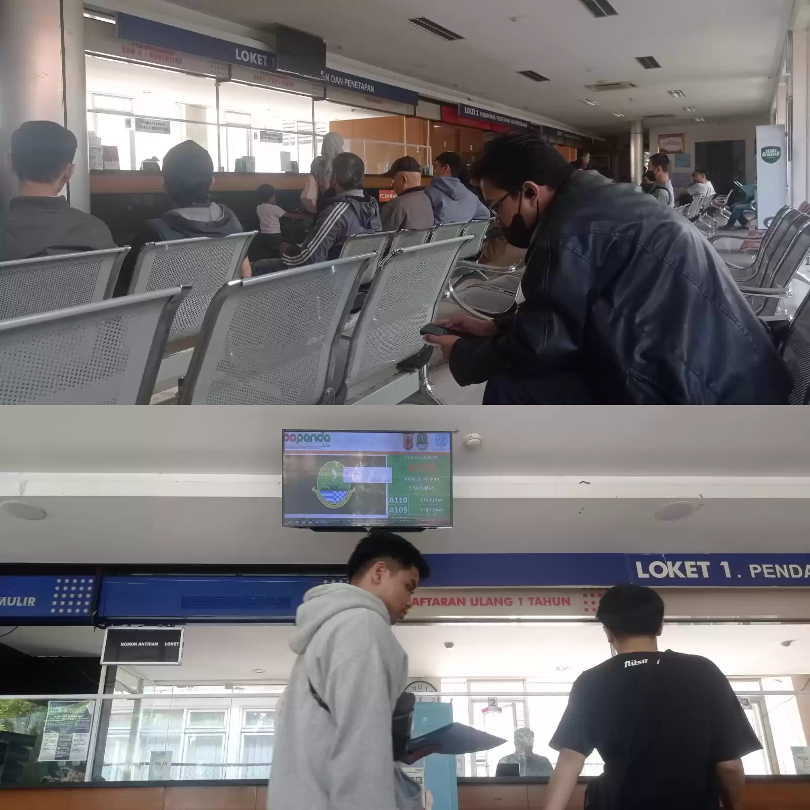Layar monitor nomor antrean wajib pajak (WP) di kantor Samsat Pajajaran, Kota Bandung, Jawa Barat. (Foto: MI/Sugiyanto)