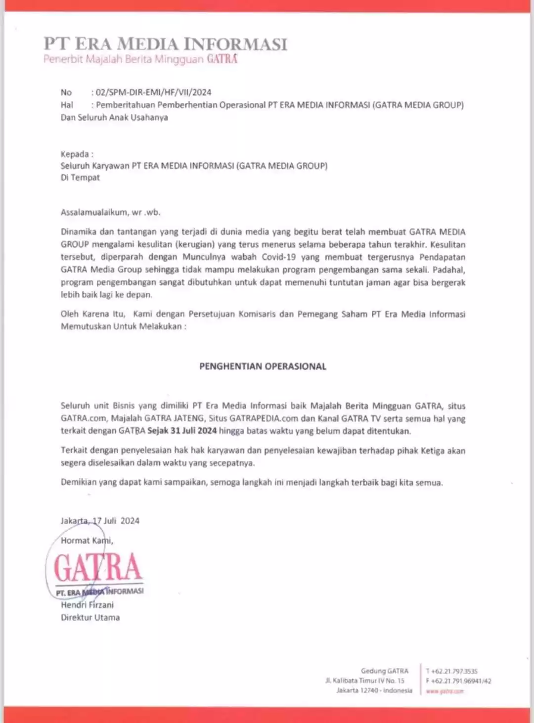 Surat Edaran Penghentian Operasional Gatra Media Group (Foto: Dok MI/Gatra.com)