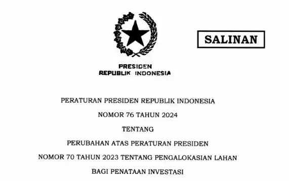 Tangkapan layar - Peraturan Presiden (Perpres) Nomor 76 Tahun 2024 tentang Pengalokasian Lahan Bagi Penataan Investasi