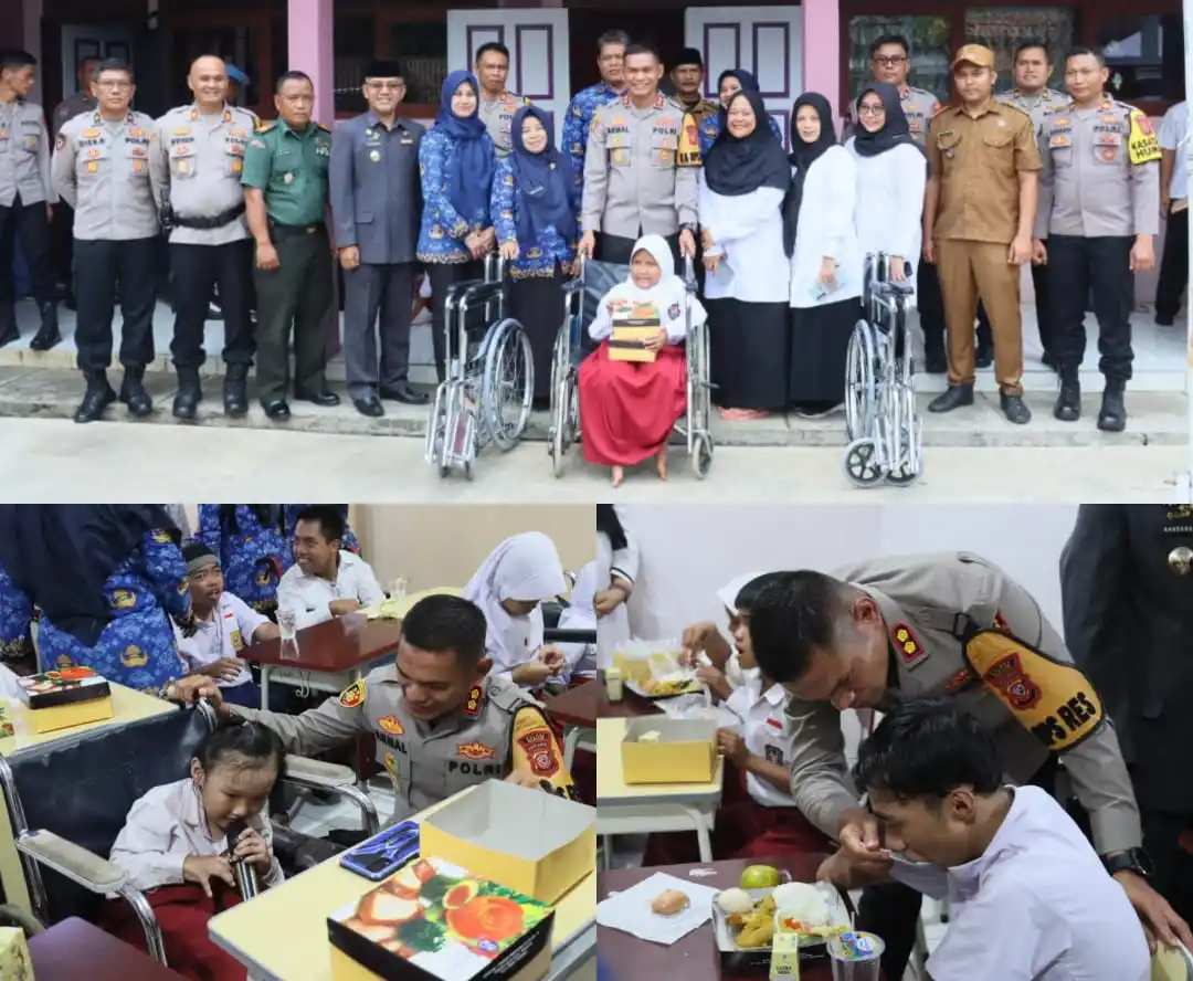 Kapolres Ciamis, AKBP Akmal saat melaksanakan program makan siang bergizi gratis di Sekolah Luar Biasa (SLB) Negeri Sindangsari, Kecamatan Cikoneng, Kabupaten Ciamis, Jawa Barat, Senin (28/10/2024). (Foto: Ist)