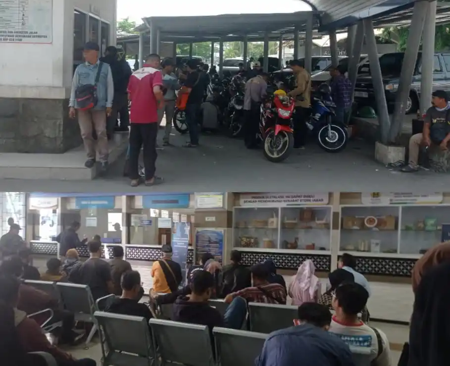 Kondisi antrean di area cek fisik dan loket BBN Samsat Bandung Timur, Jl. Soekarno Hatta, Kota Bandung, Jawa Barat, Senin (14/10/2024). (Foto: MI/Sugiyanto)