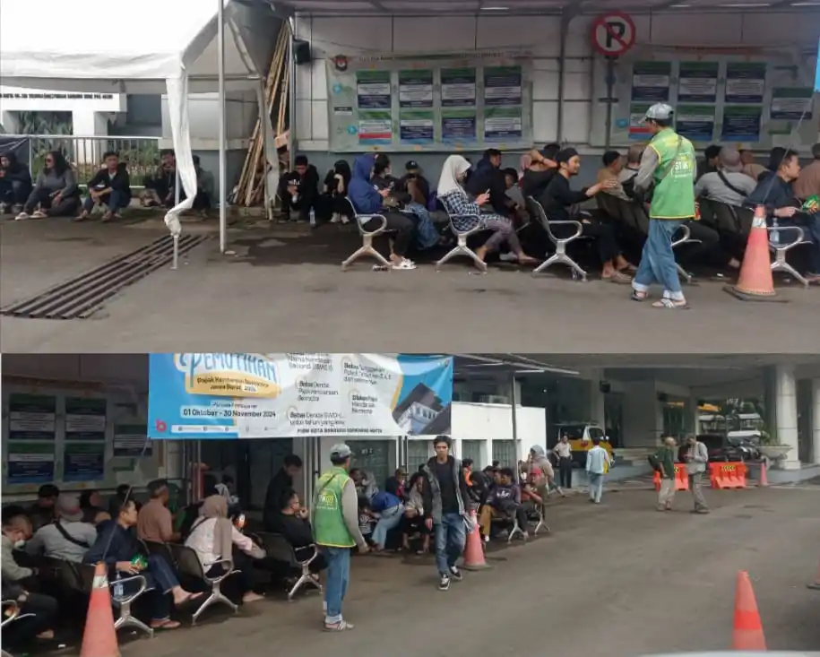 Kondisi antrean masyarakat wajib pajak (WP) di depan gudang arsip roda 2 kantor Samsat  Bandung Timur, Jl. Soekarno Hatta, Kota Bandung, Jawa Barat, Senin (4/11/2024). (Foto: MI/Sugiyanto)