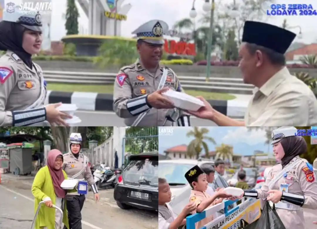 Satlantas Polres Garut saat menebar kebaikan kepada masyarakat dalam kegiatan 'Jutawan' rangkaian Operasi Zebra Lodaya 2024 pada Jumat (18/10/2024) siang. (Foto: Ist)