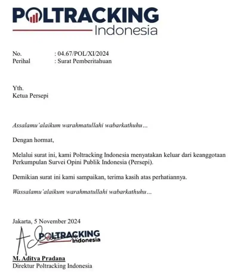 Surat pemberitahuan Lembaga Survei Poltracking Indonesia keluar dari Persepi (Foto: Dok MI)