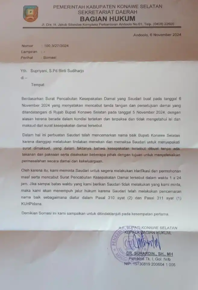 Surat somasi Bupati Konawe Selatan (Konsel) Surunuddin Dangga (Foto: Dok MI)