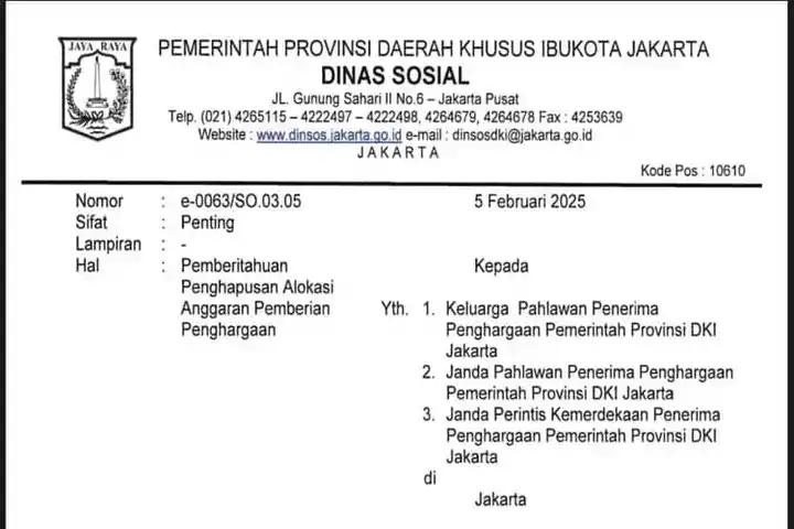 Surat Pemberitahuan Penghapusan Alokasi Anggaran Pemberian Penghargaan (Foto: Facebook)