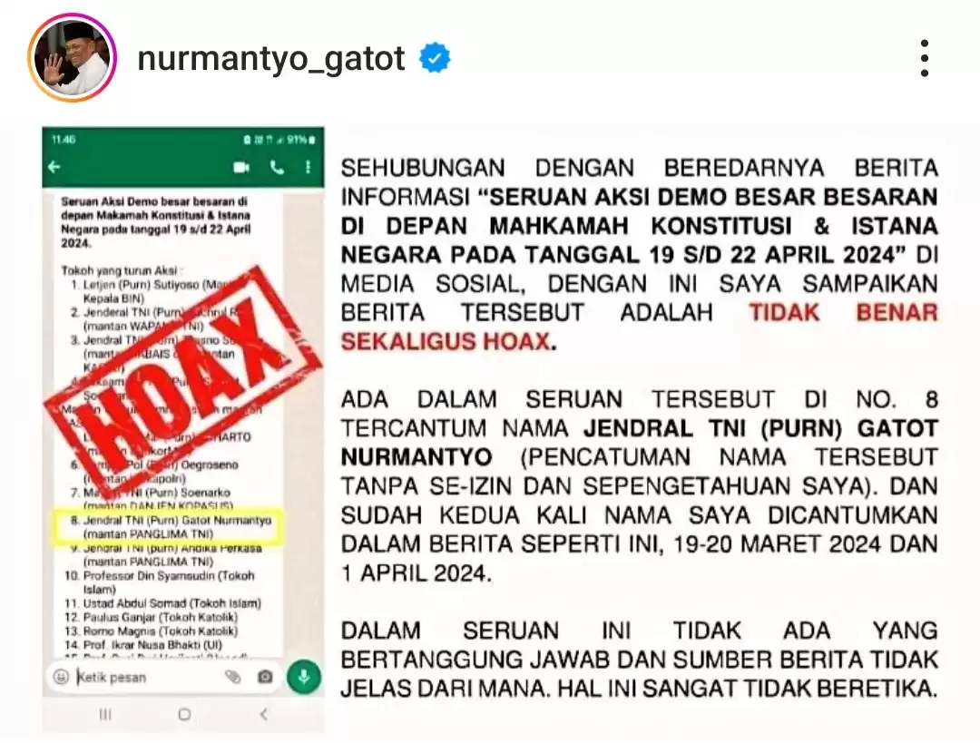 Tangkapan Layar dari postingan akun mantan Panglima TNI @nurmantyo_gatot terkait seruan aksi yang mencantumkan namanya.