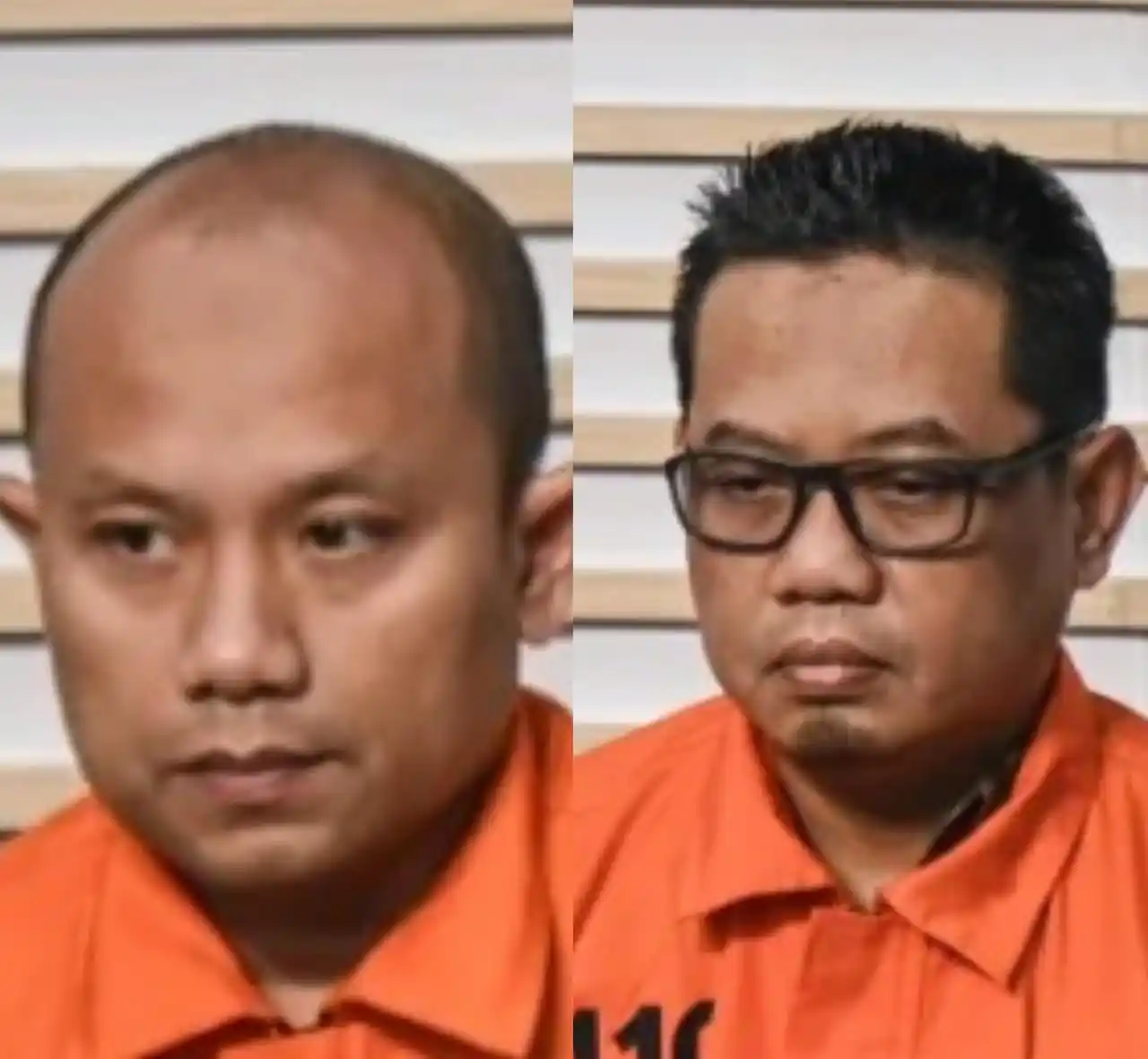 Kepala Divisi (Kadiv) Mardiyant Engineering, Procurement, and Construction (EPC) PT PP Didik Mardiyanto (DM) dan Senior Nasutio Manager, Head of Finance dan Human Capital Department Divisi EPC PT PP Herry Nurdy Nasution (HNN) menengakan rompi tahanan KPK (Foto: Dok MI)