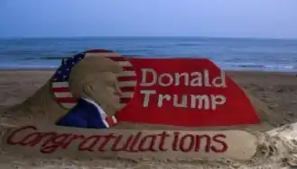 Pemandangan patung pasir yang menggambarkan Donald Trump dari Partai Republik setelah ia memenangkan Pemilu Amerika 2024, di pantai Puri, di Negara Bagian Odisha Timur, India, 6 November 2024. (Stringer/Reuters)