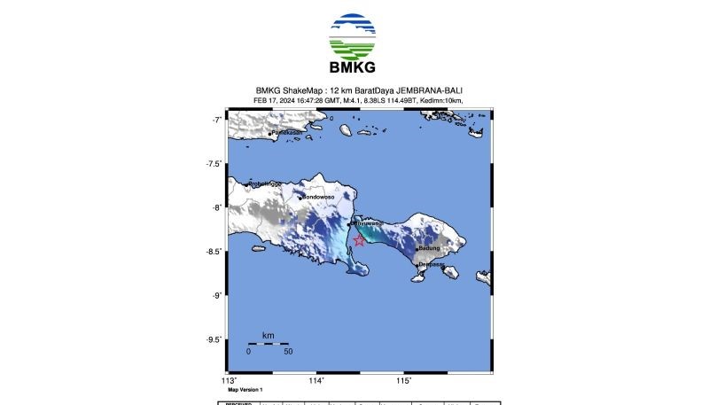 Peta lokasi gempa bumi magnitudo M4,1 Minggu (18/2/2024) (Foto: ANTARA)
