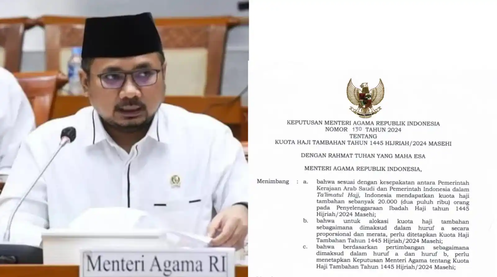 Yang Punya Hak Diskresi akan Tersangka Korupsi Kuota Haji Rp 1 T, Siapakah Dia? Mantan Menteri Agama Yaqut Cholil Quomas (kiri) dan SK tentang kuota haji 2024 (kanan) (Foto: Kolase MI/Diolah)